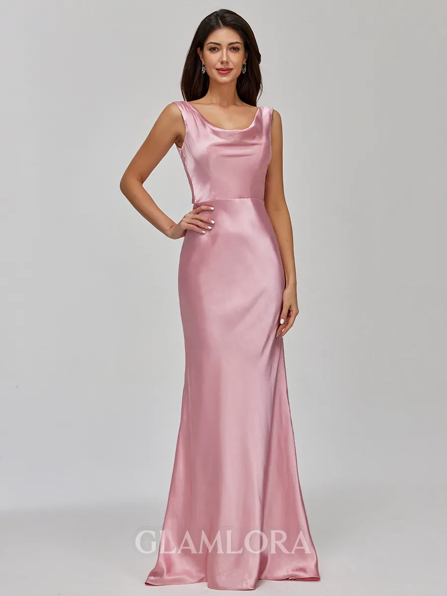 Classy Sheath Cowl Bow Sweep Train Silk Like Satin Bridesmaid Dress