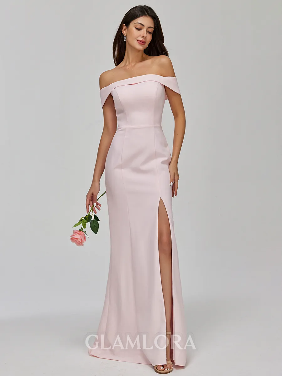 Refined Sheath Off-the-Shoulder Floor-Length Stretch Crepe Bridesmaid Dress