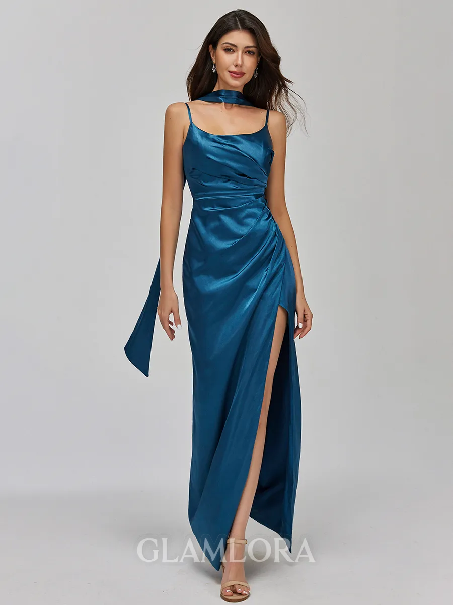 Chic Sheath Spaghetti Straps Pleated Floor-Length Silk Like Satin Bridesmaid Dress