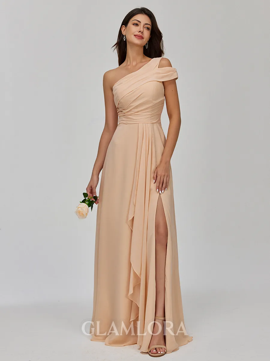 Understated A-line One-Shoulder Pleated Floor-Length Chiffon Bridesmaid Dress