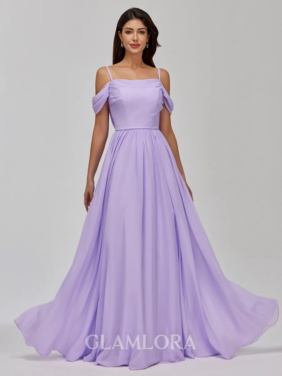 Tasteful A-line Cold Shoulder Pleated Floor-Length Chiffon Bridesmaid Dress