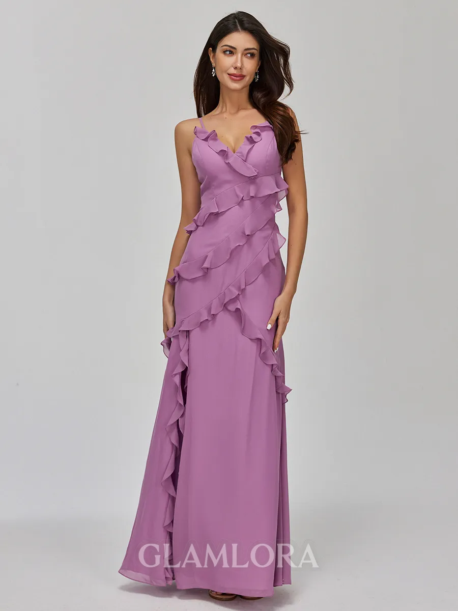 Radiant Sheath V-Neck Ruffles Floor-Length Chiffon Bridesmaid Dress
