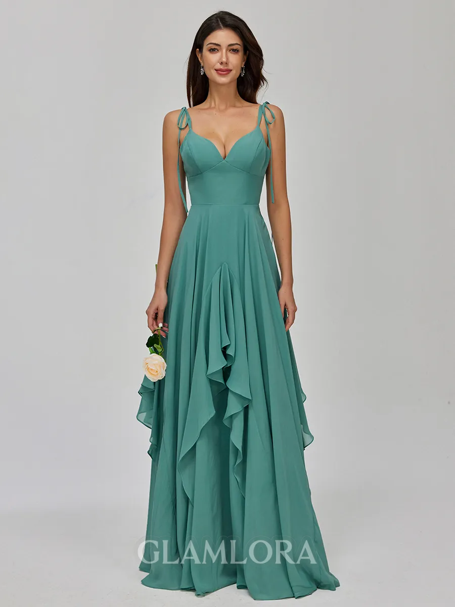 Resplendent A-line V-Neck Ruffles Floor-Length Chiffon Bridesmaid Dress