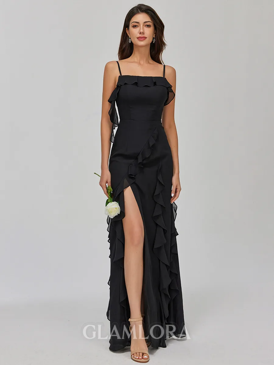 Impeccable Sheath Spaghetti Straps Ruffles Floor-Length Chiffon Bridesmaid Dress
