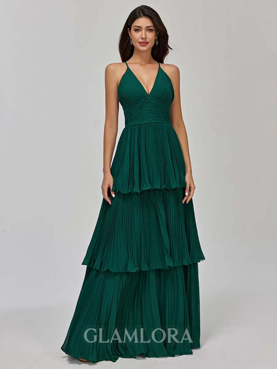 Gracious A-line V-Neck Cascading Ruffles Floor-Length Chiffon Bridesmaid Dress