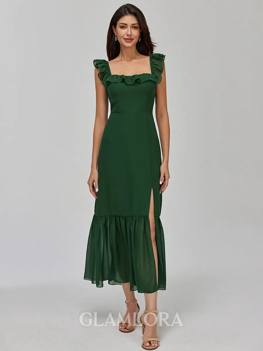 Timeless A-line Square Ruffles Tea-Length Chiffon Bridesmaid Dress