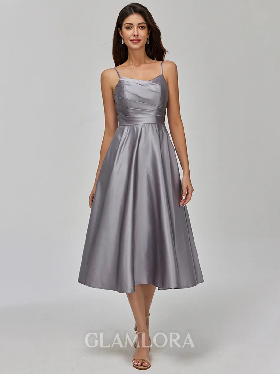 Understated A-line Spaghetti Straps Pleated Tea-Length Satin Bridesmaid Dress