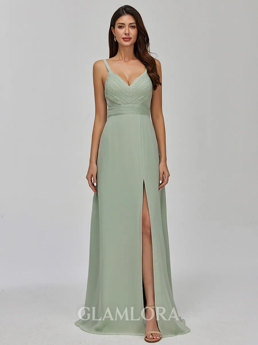 Statuesque A-line V-Neck Pleated Floor-Length Chiffon Bridesmaid Dress