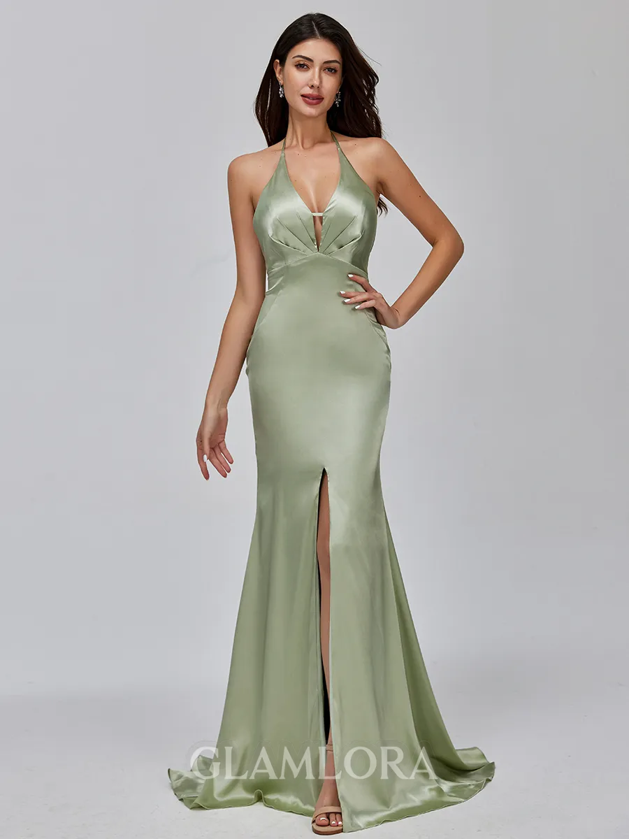 Endearing Sheath V-Neck Pleated Sweep Train Silk Like Satin Bridesmaid Dress