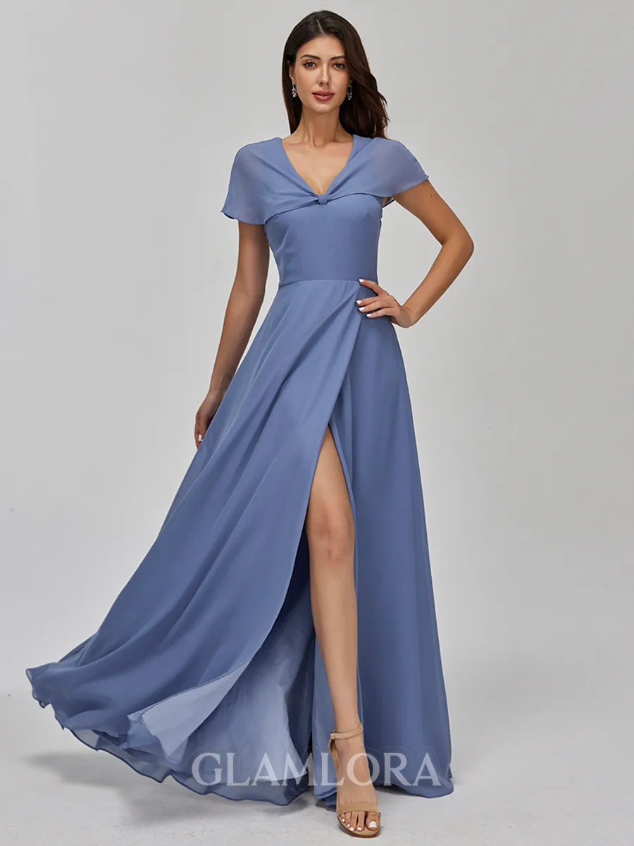Elegant A-line V-Neck Short Sleeves Pleated Floor-Length Chiffon Bridesmaid Dress