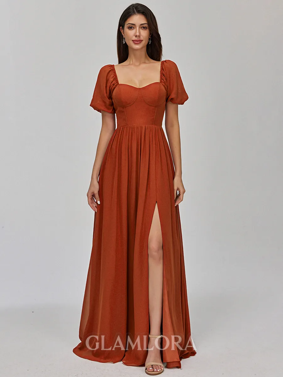 Sophisticated A-line Square Short Sleeves Bow Floor-Length Chiffon Bridesmaid Dress