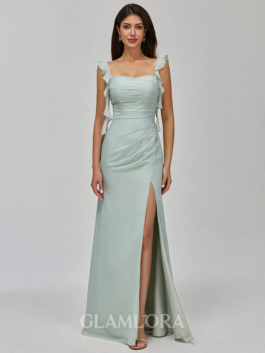 Graceful Sheath Straps Pleated Floor-Length Chiffon Bridesmaid Dress
