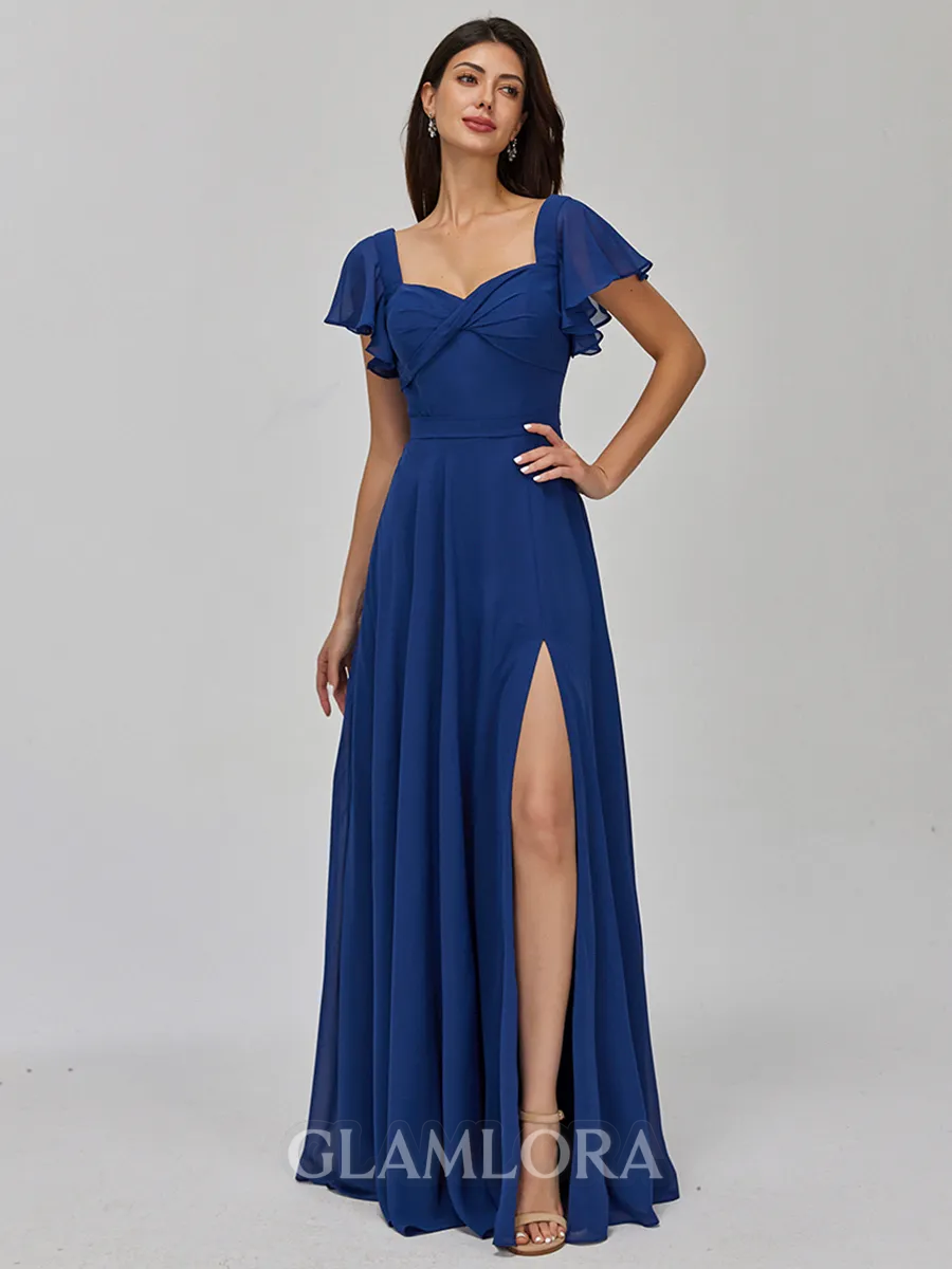 Regal A-line Square Short Sleeves Pleated Floor-Length Chiffon Bridesmaid Dress