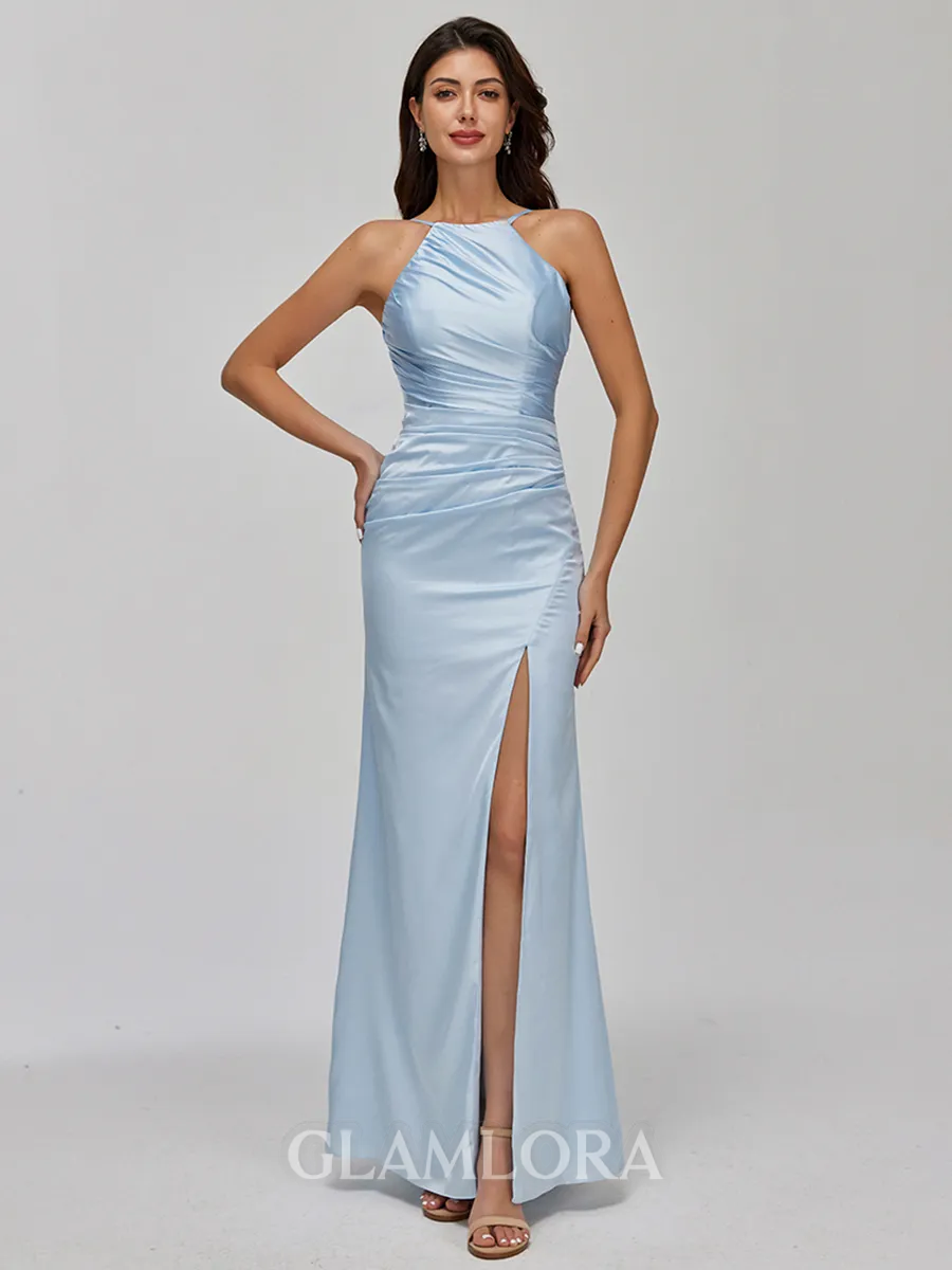 Refined Sheath Halter Pleated Floor-Length Silk like Satin Bridesmaid Dress