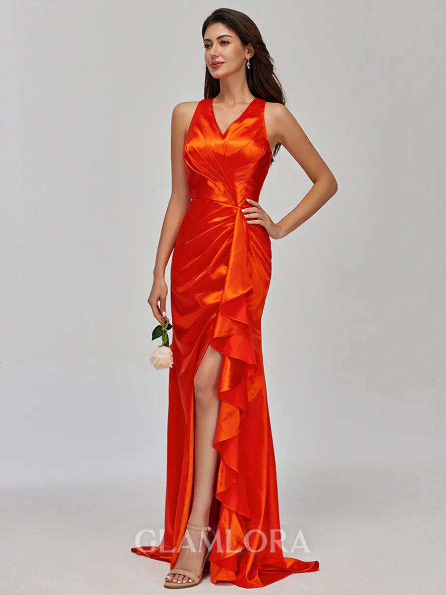 Flattering Sheath V-Neck Pleated Sweep Train Silk like Satin Bridesmaid Dress