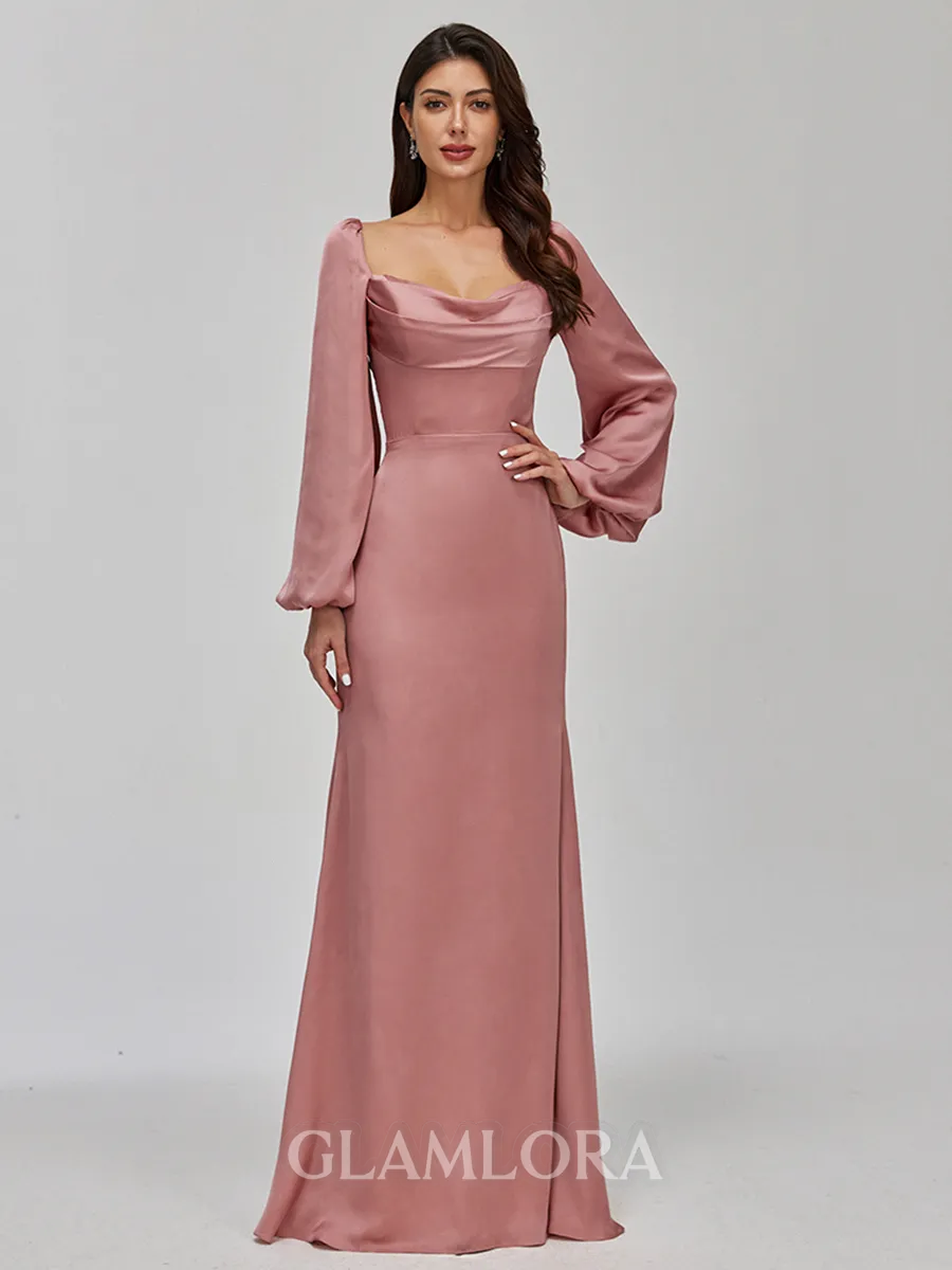 Glamorous Sheath Cowl Long Sleeves Pleated Floor-Length Satin Chiffon Bridesmaid Dress
