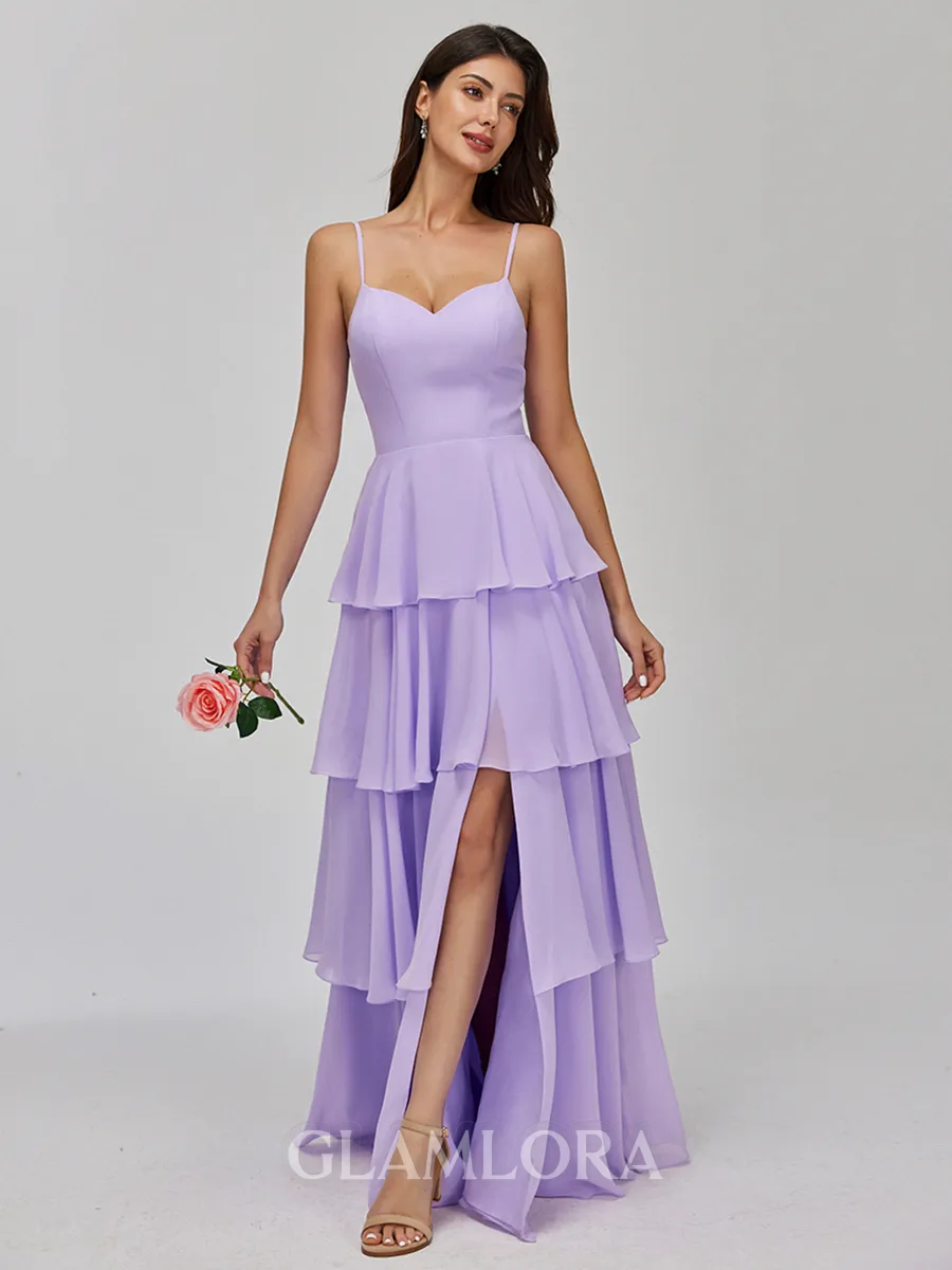 Understated A-line Spaghetti Straps Cascading Ruffles Floor-Length Chiffon Bridesmaid Dress