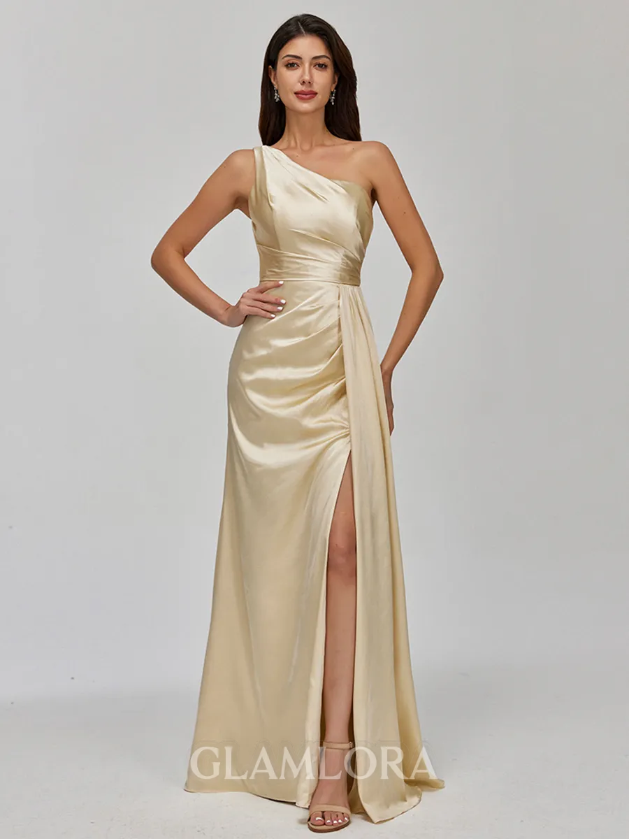 Tasteful Sheath One-Shoulder Pleated Floor-Length Silk Like Satin Bridesmaid Dress