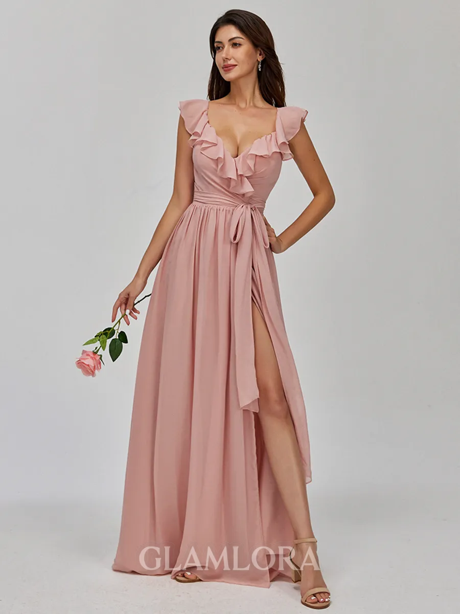 Radiant A-line V-Neck Sash/Ribbon/Belt Floor-Length Chiffon Bridesmaid Dress