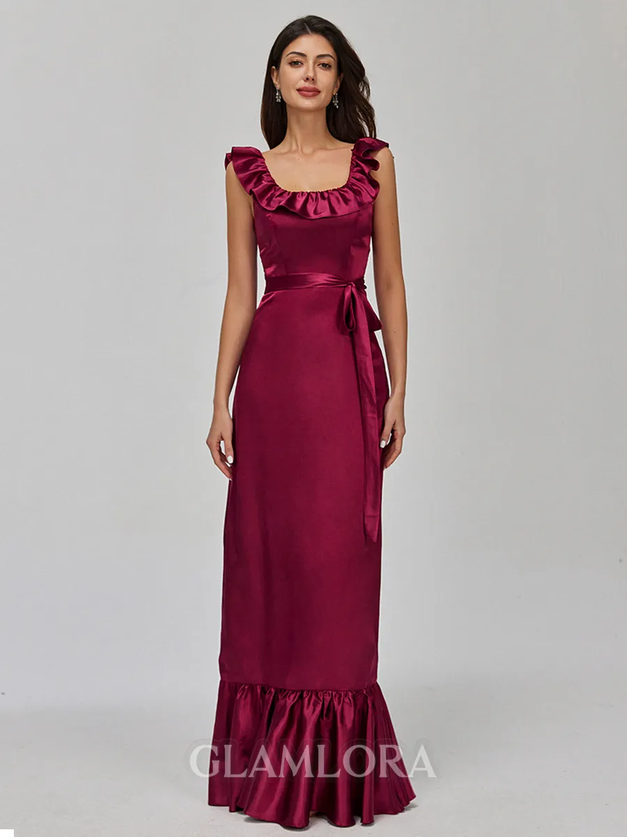 Resplendent A-line Square Sash/Ribbon/Belt Floor-Length Silk Like Satin Bridesmaid Dress