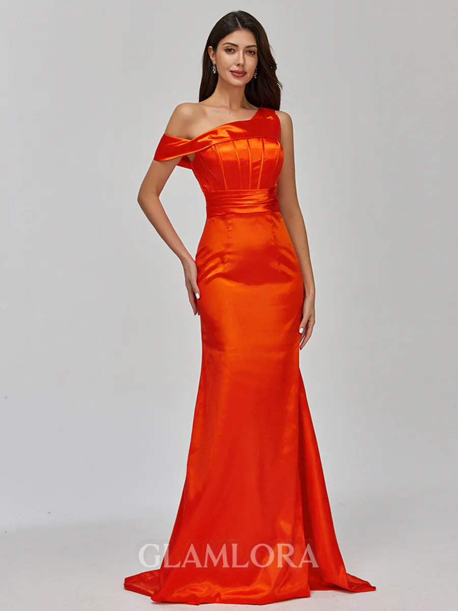 Gracious Sheath One-Shoulder Pleated Sweep Train Silk like Satin Corset Bridesmaid Dress