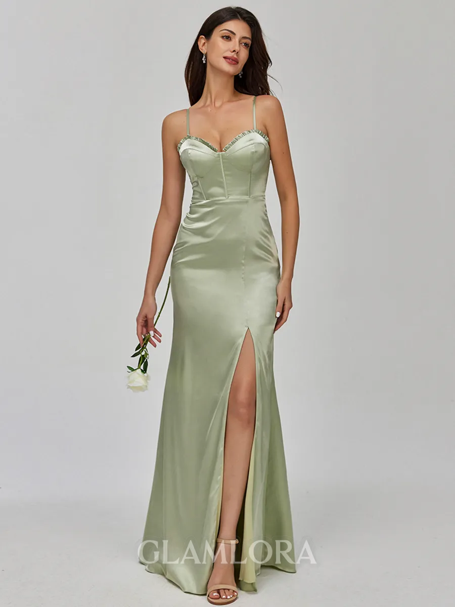 Stunning Sheath Spaghetti Straps Floor-Length Silk Like Satin Corset Bridesmaid Dress