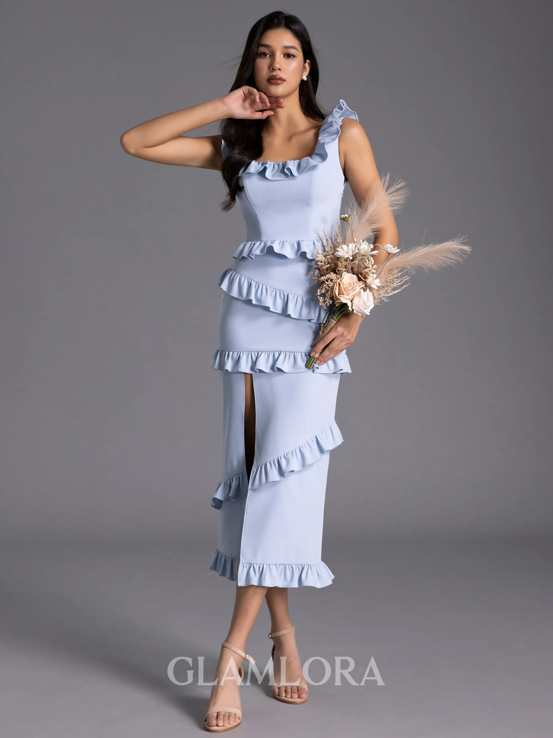 Polished Sheath Off-the-Shoulder Ruffles Tea-Length Stretch Crepe Bridesmaid Dress