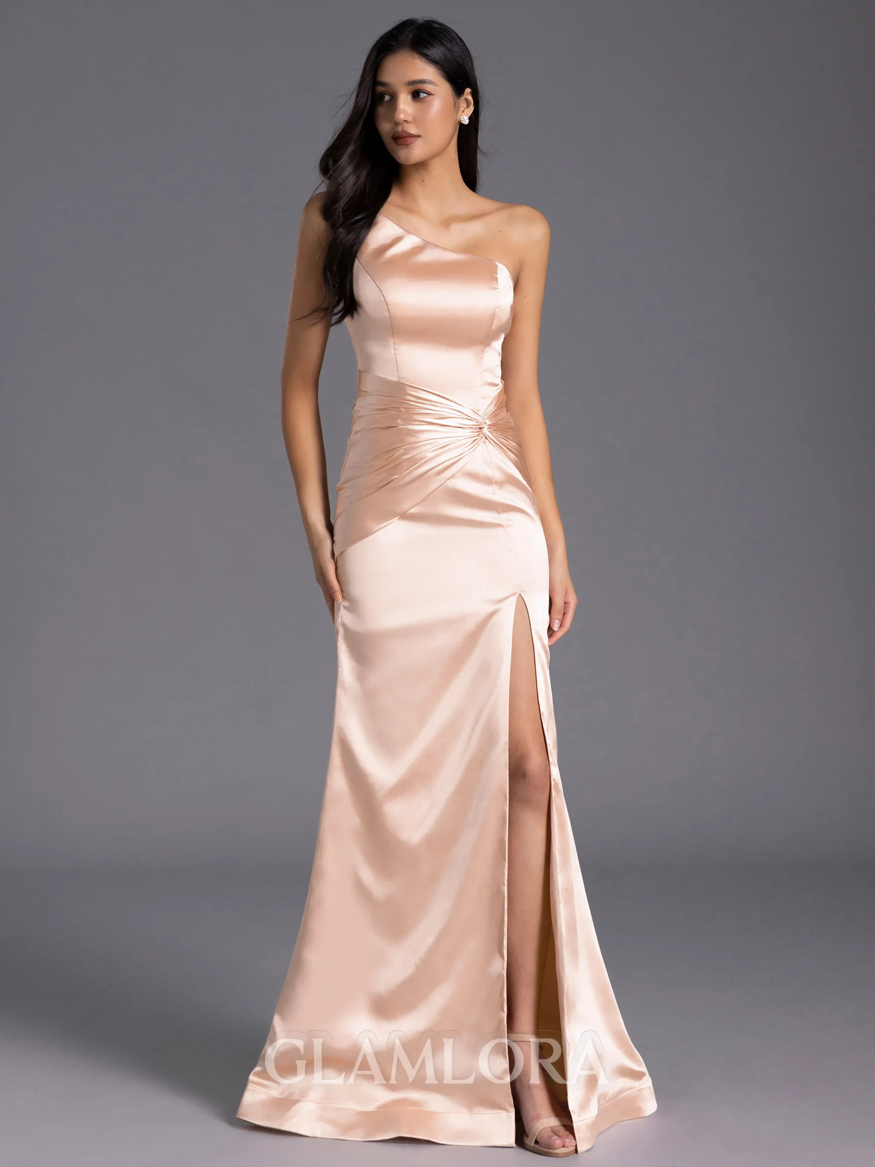 Gracious Sheath One-Shoulder Pleated Floor-Length Silk Like Satin Bridesmaid Dress