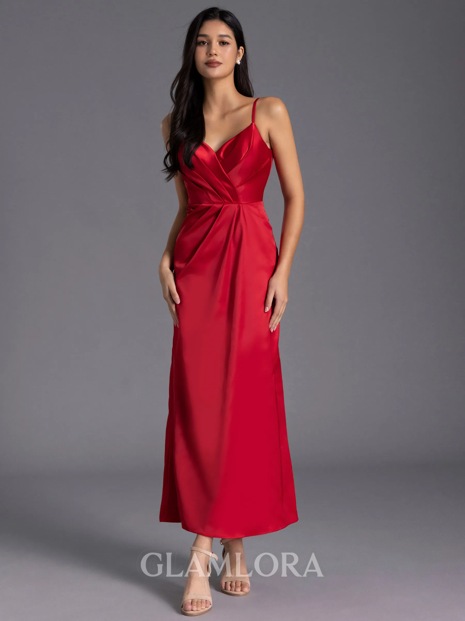 Modest A-line Spaghetti Straps Pleated Ankle-Length Charmeuse Bridesmaid Dress