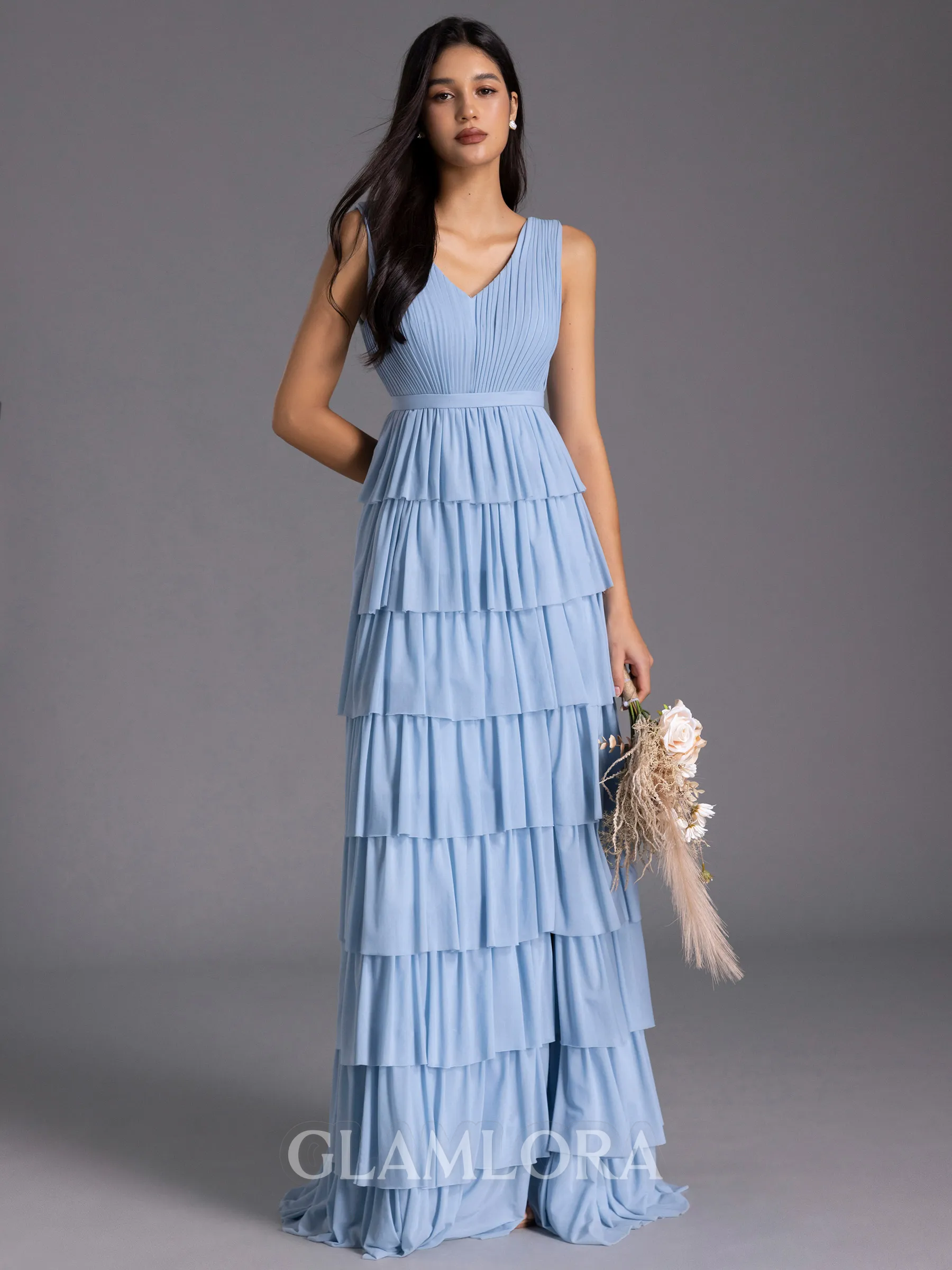 Tasteful A-line V-Neck Cascading Ruffles Floor-Length Bridesmaid Dress