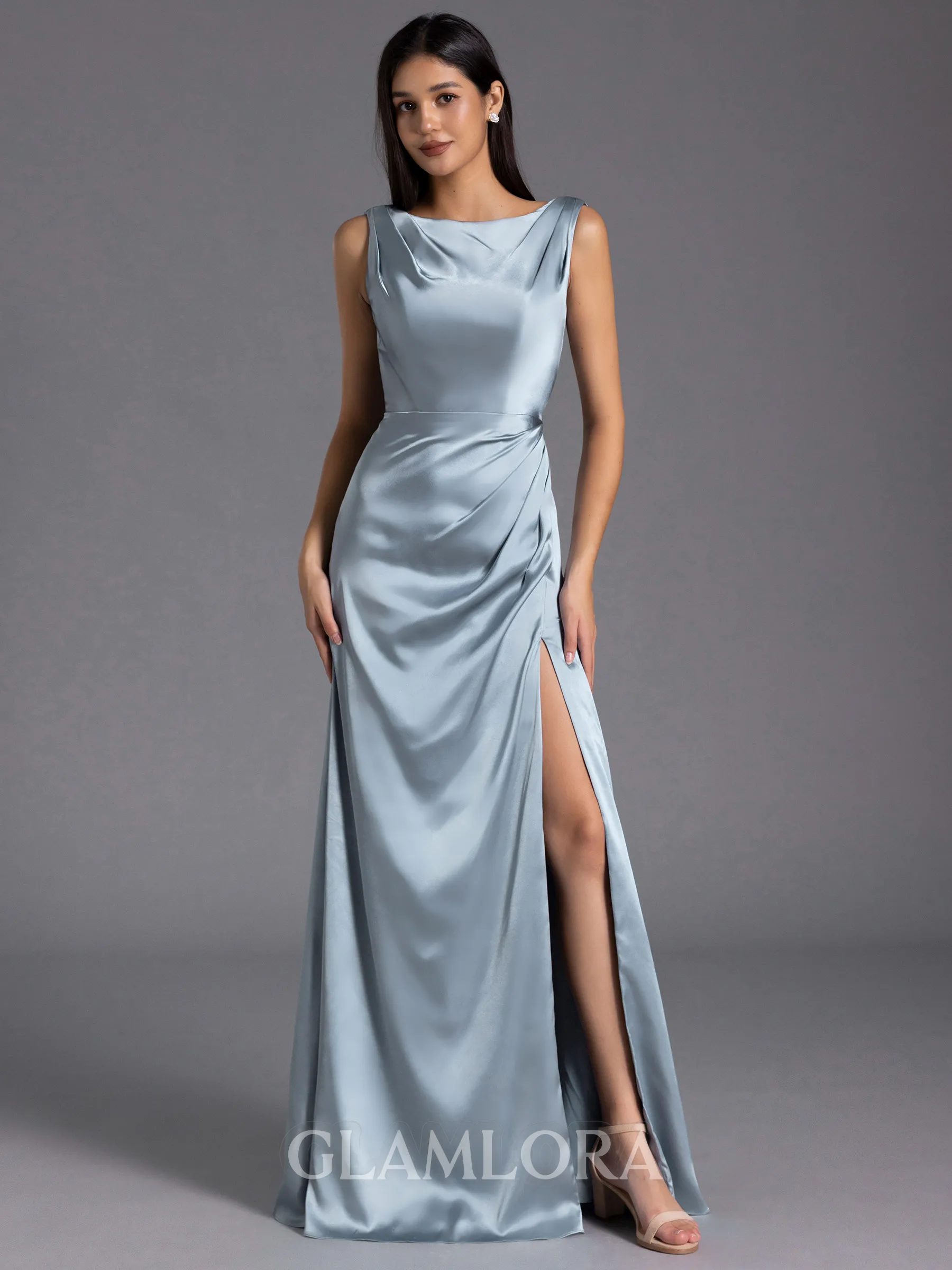Glamorous Sheath Scoop Pleated Floor-Length Silk Like Satin Bridesmaid Dress