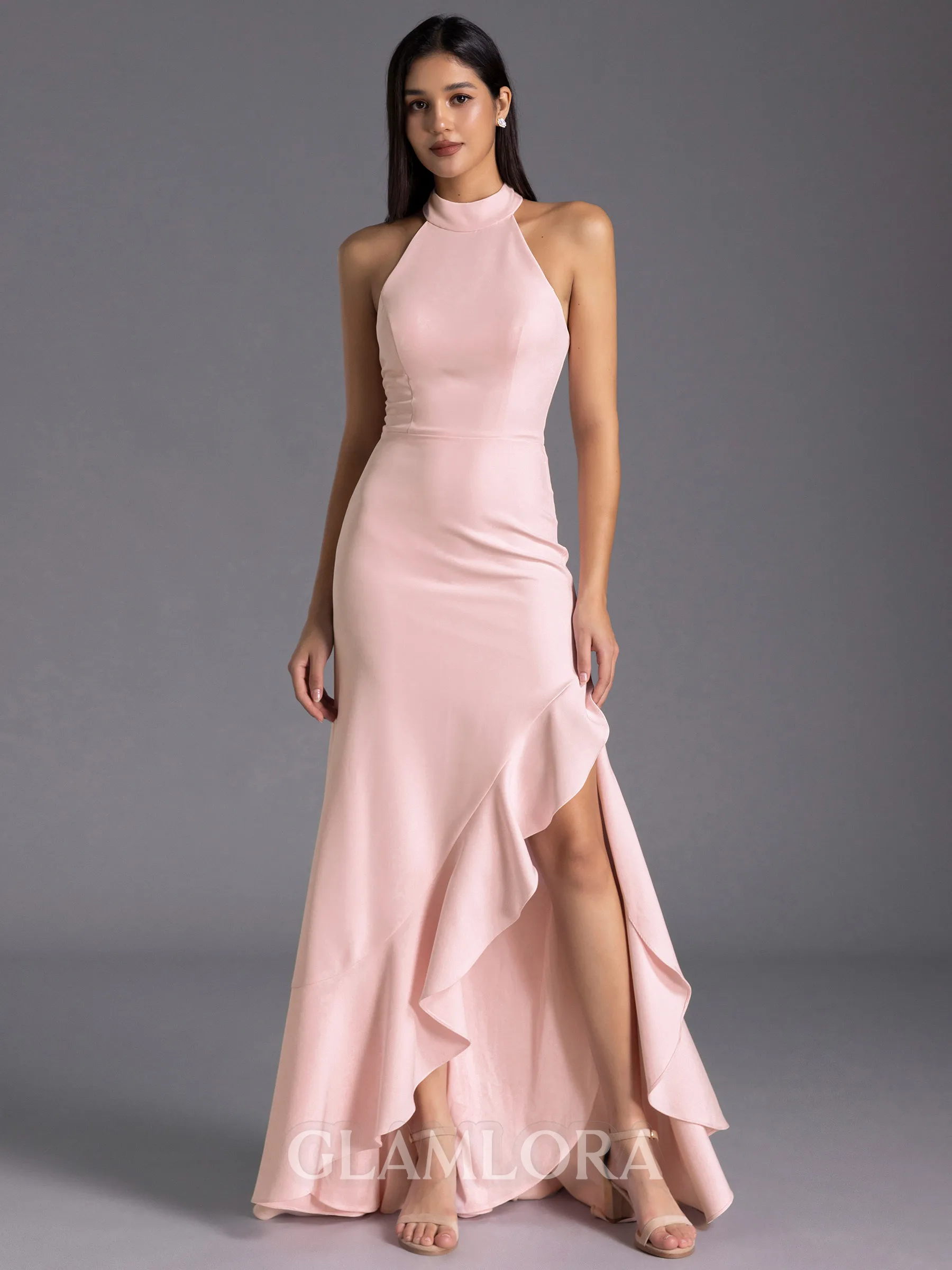 Understated A-line Halter Floor-Length Stretch Crepe Bridesmaid Dress