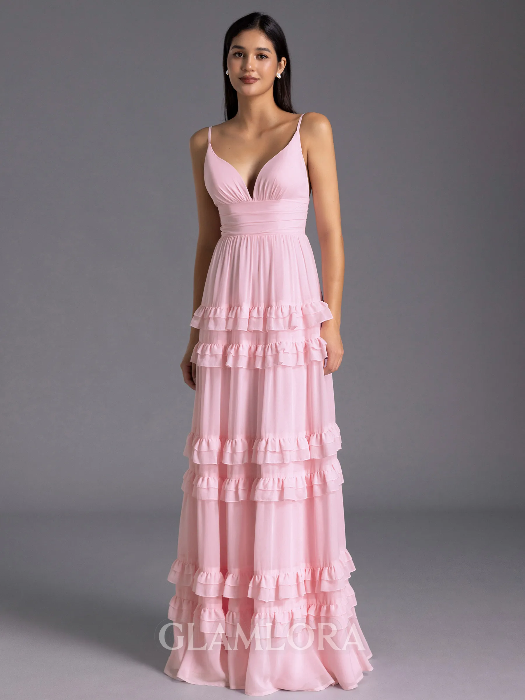 Glamorous A-line V-Neck Cascading Ruffles Floor-Length Chiffon Bridesmaid Dress