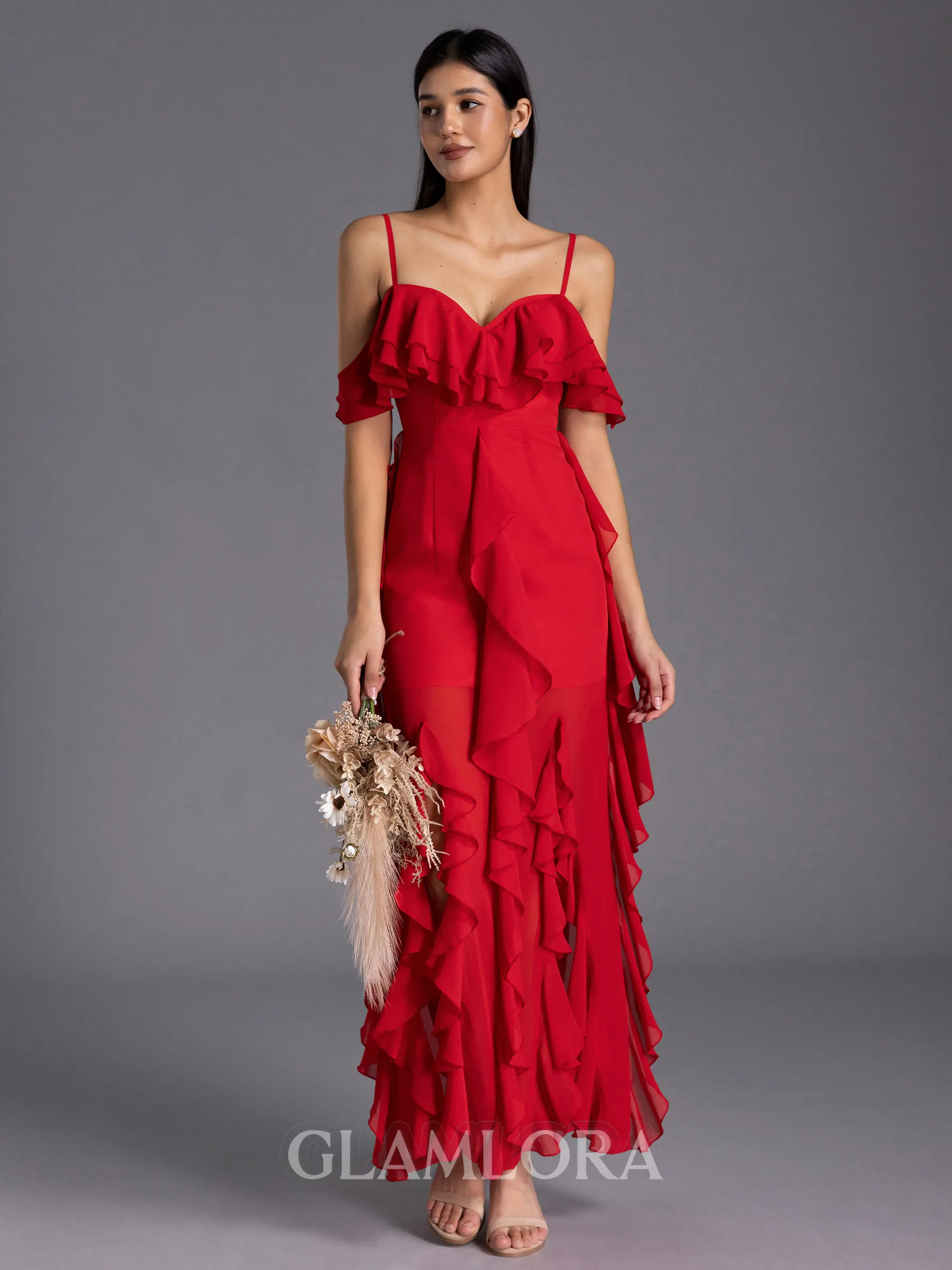 Immaculate A-line Cold Shoulder Ruffles Ankle-Length Chiffon Bridesmaid Dress