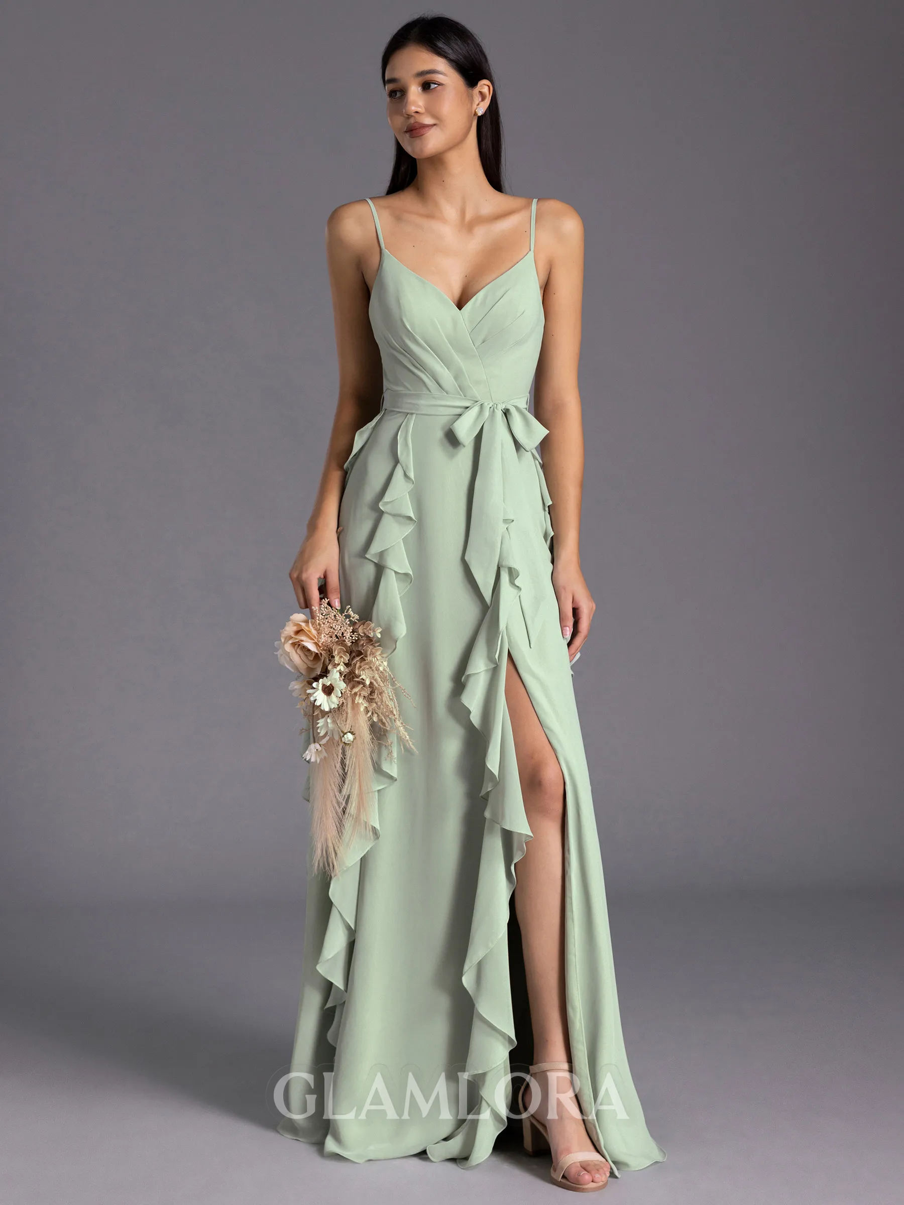 Rhythmic A-line V-Neck Ruffles Floor-Length Chiffon Bridesmaid Dress