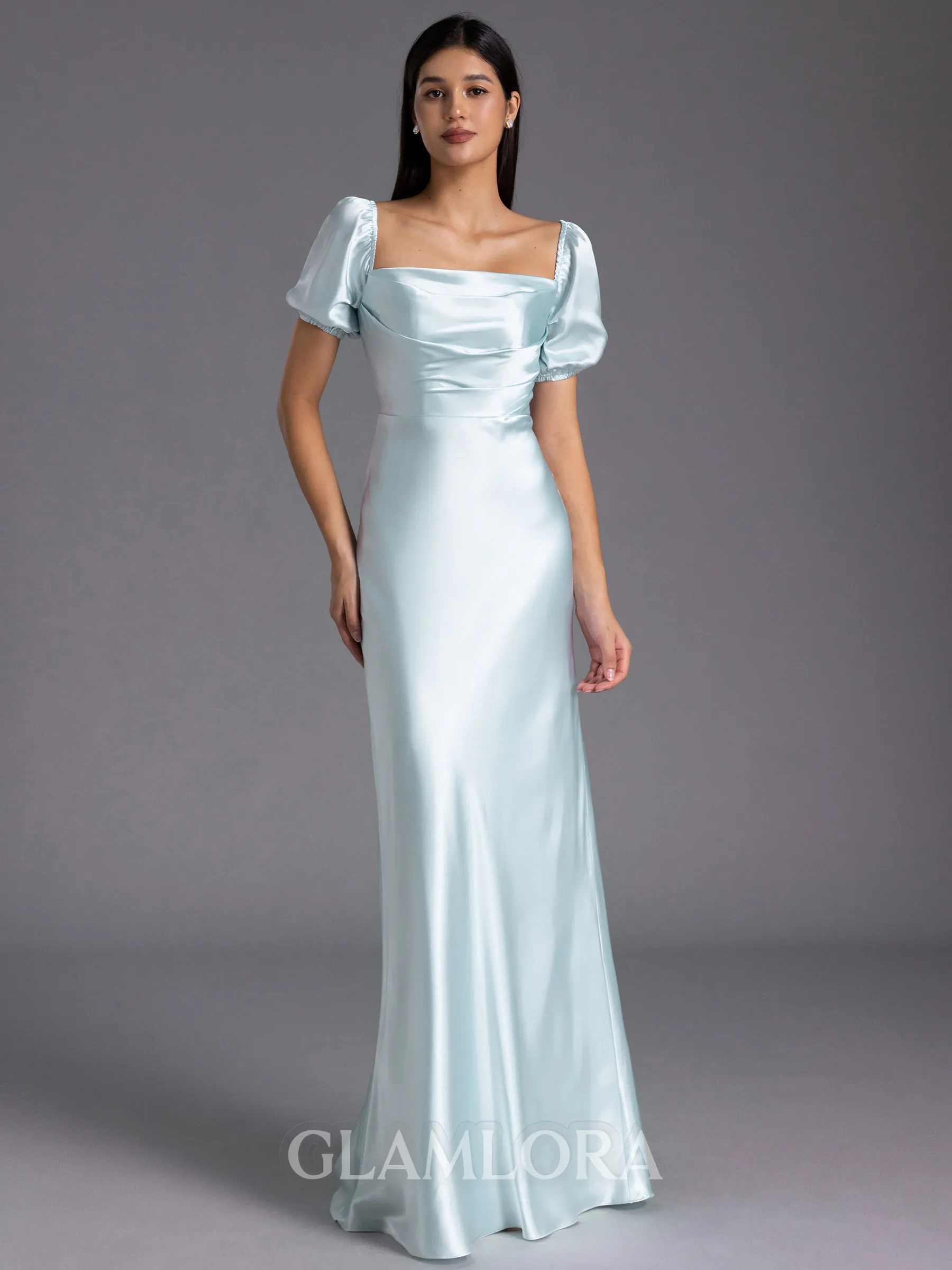Tasteful Sheath Off-the-Shoulder Short Sleeves Pleated Floor-Length Silk Like Satin Bridesmaid Dress