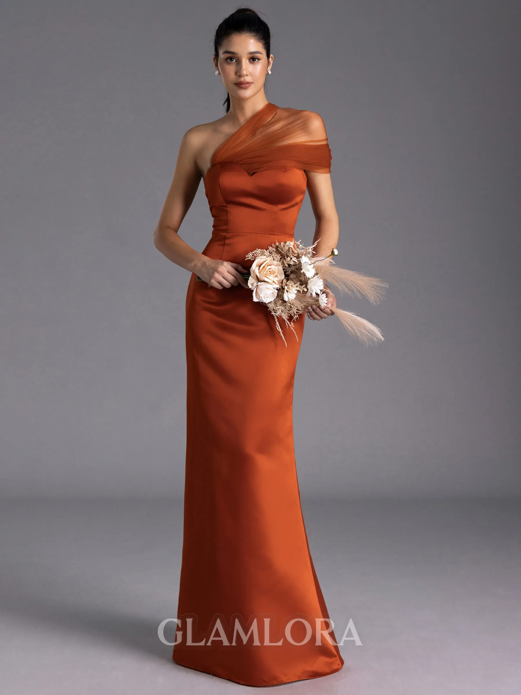 Resplendent Sheath One-Shoulder Pleated Floor-Length Satin Bridesmaid Dress