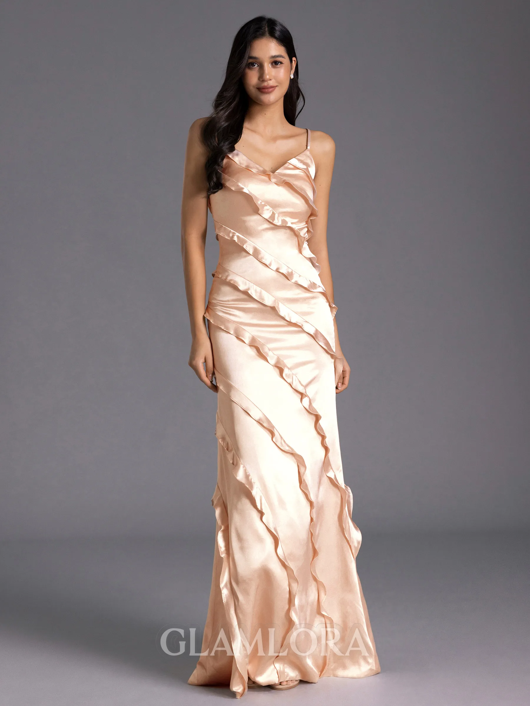 Sophisticated Sheath V-Neck Ruffles Floor-Length Silk Like Satin Bridesmaid Dress