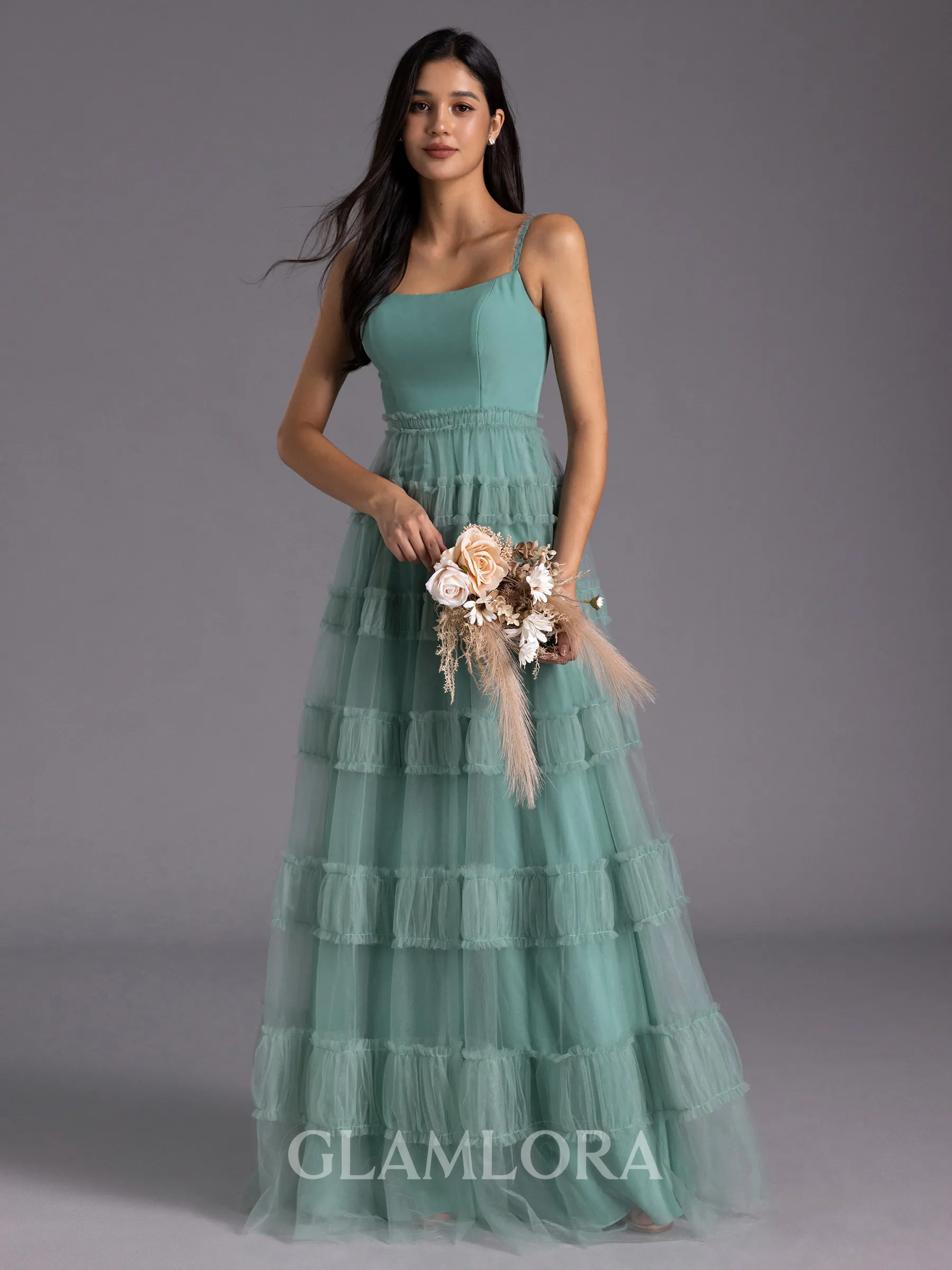 Stylish A-line Spaghetti Straps Pleated Floor-Length Tulle Bridesmaid Dress