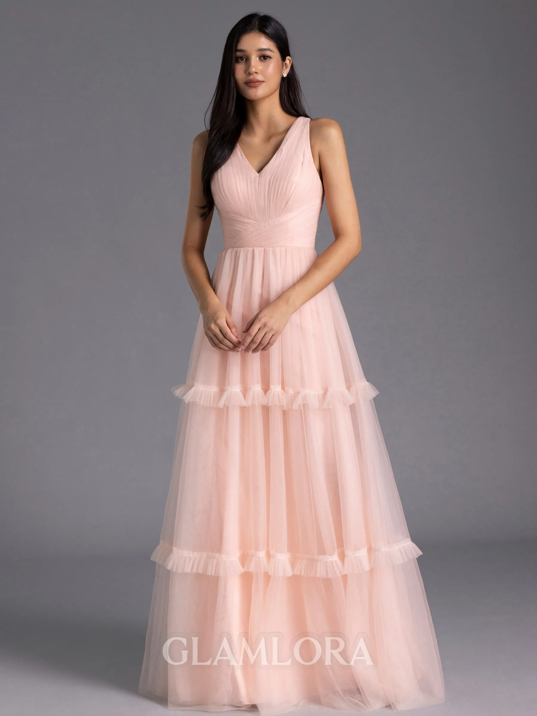 Unique A-line V-Neck Pleated Floor-Length Tulle Bridesmaid Dress