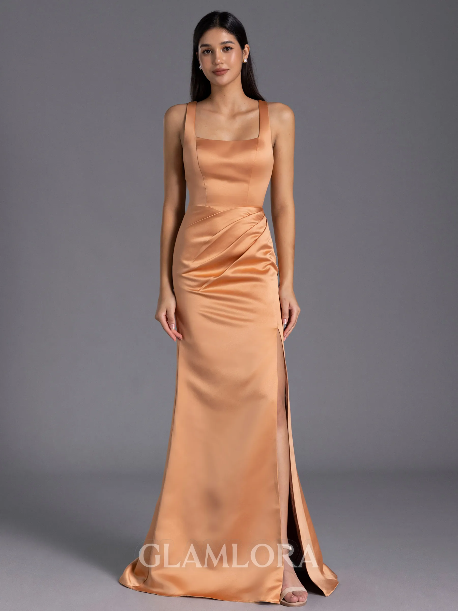 Statuesque Sheath Square Pleated Floor-Length Satin Bridesmaid Dress