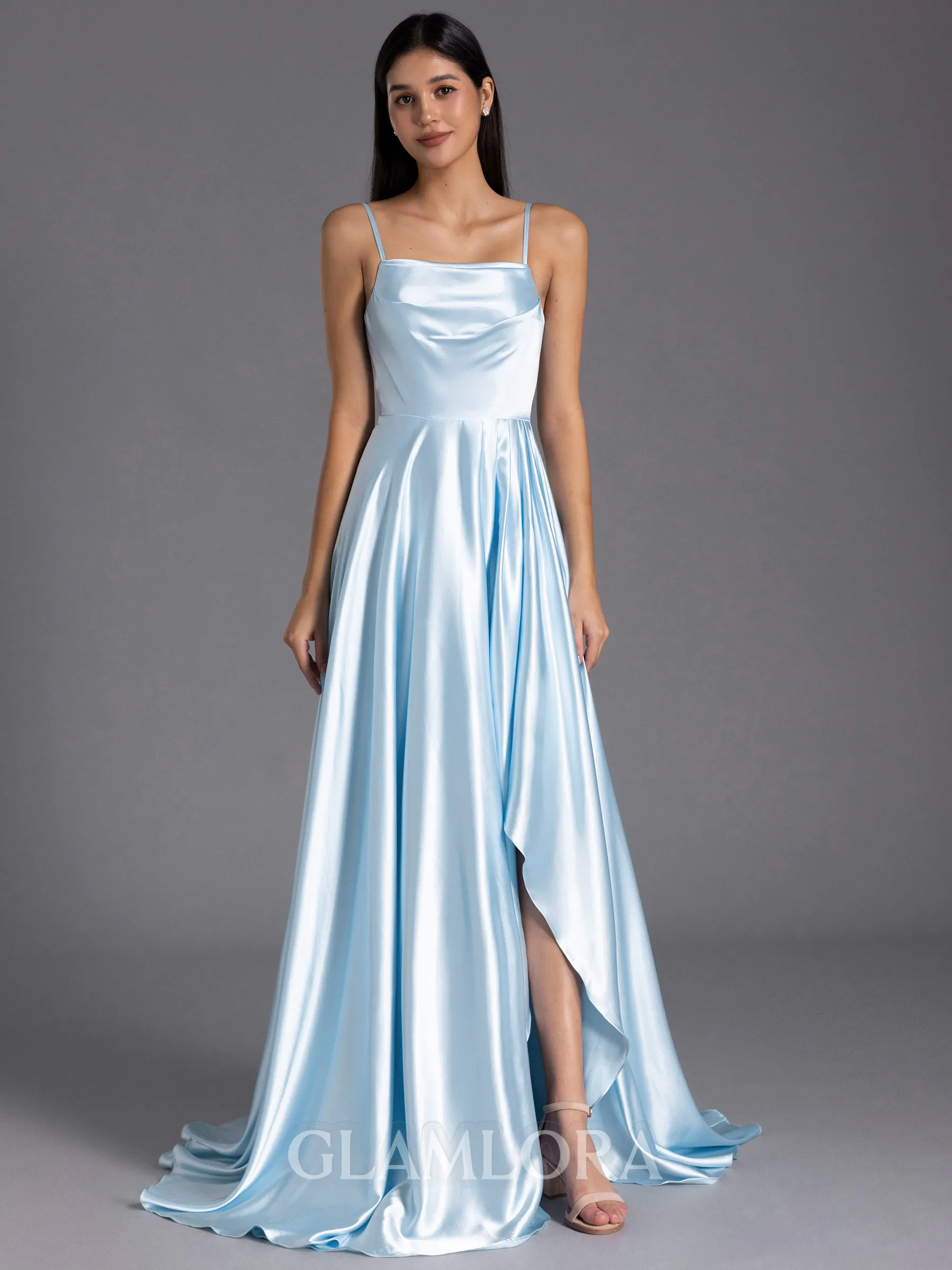 Stylish A-line Spaghetti Straps Pleated Sweep Train Silk like Satin Bridesmaid Dress