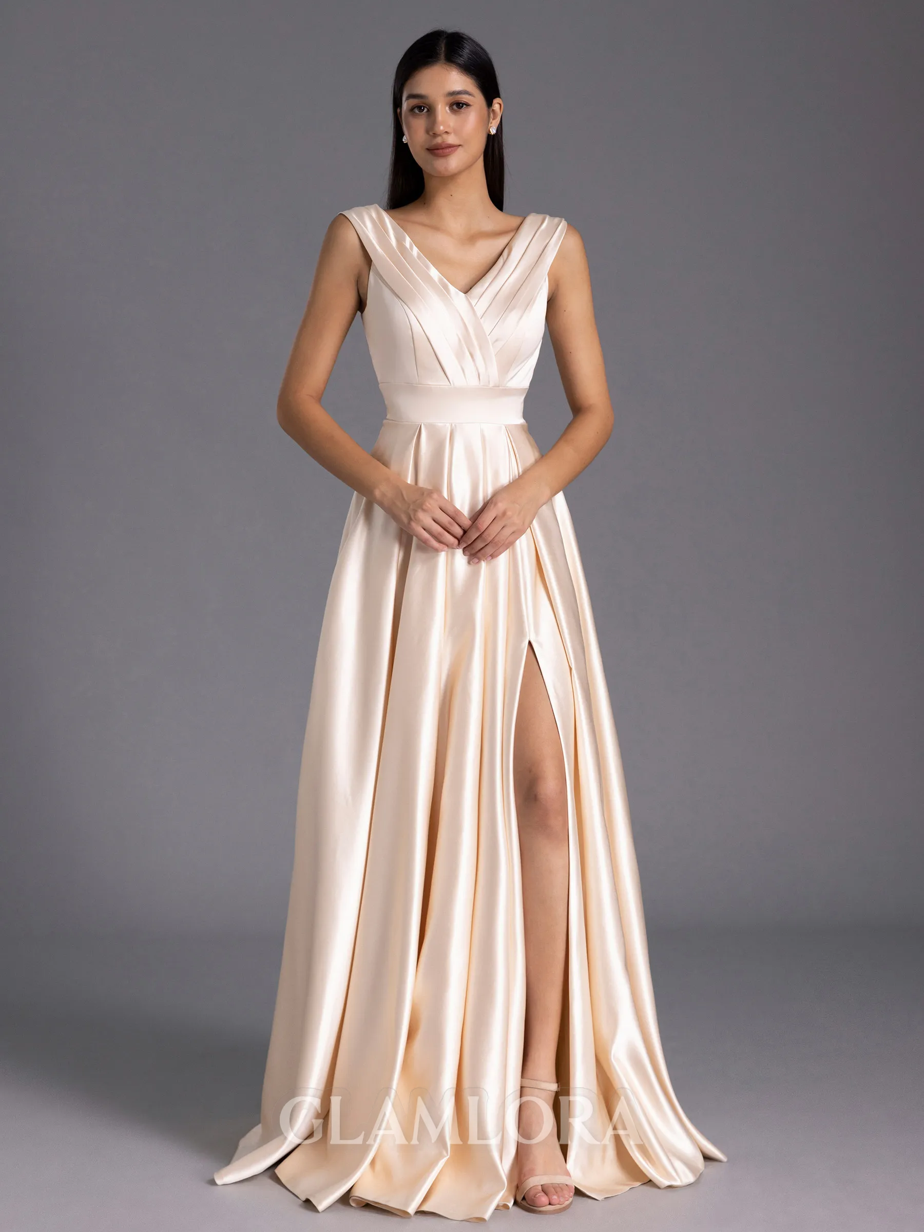 Understated A-line V-Neck Pleated Floor-Length Satin Bridesmaid Dress