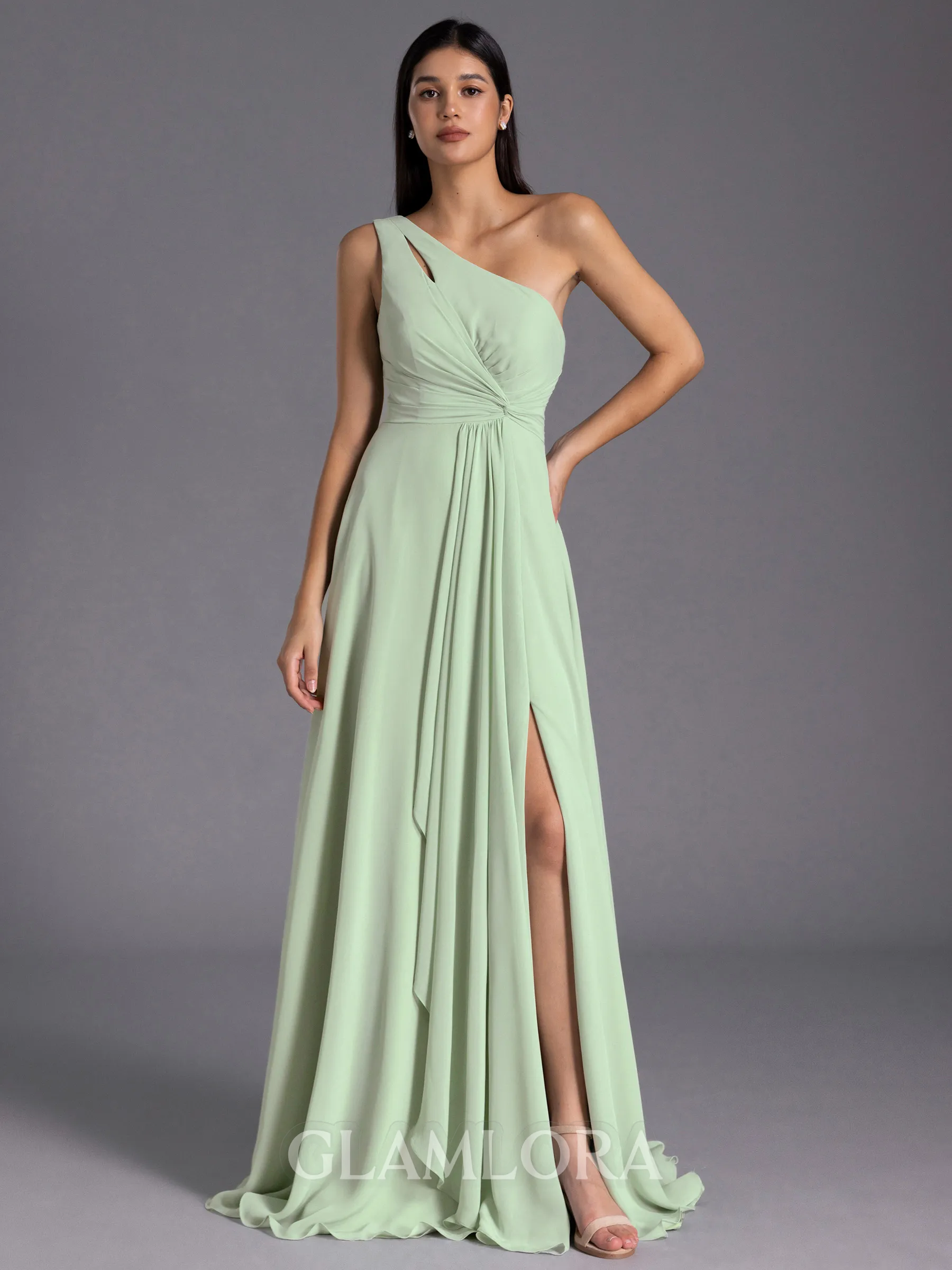 Refined A-line One-Shoulder Pleated Floor-Length Chiffon Bridesmaid Dress