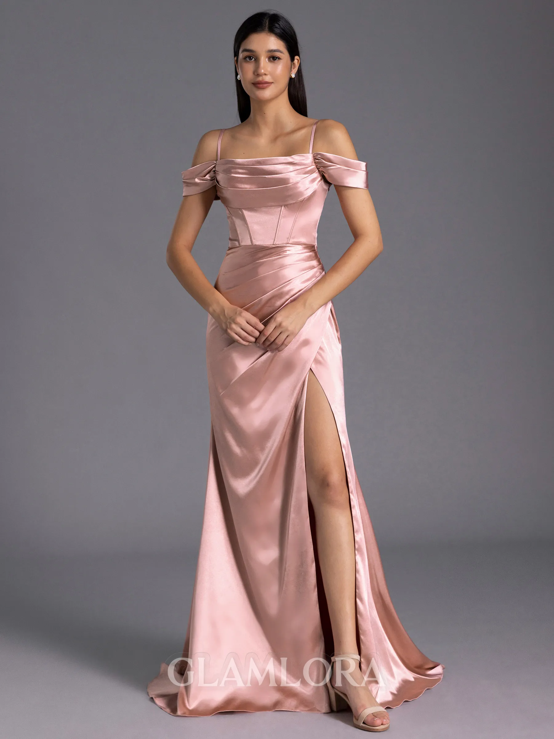 Classy Sheath Cold Shoulder Pleated Sweep Train Silk like Satin Corset Bridesmaid Dress