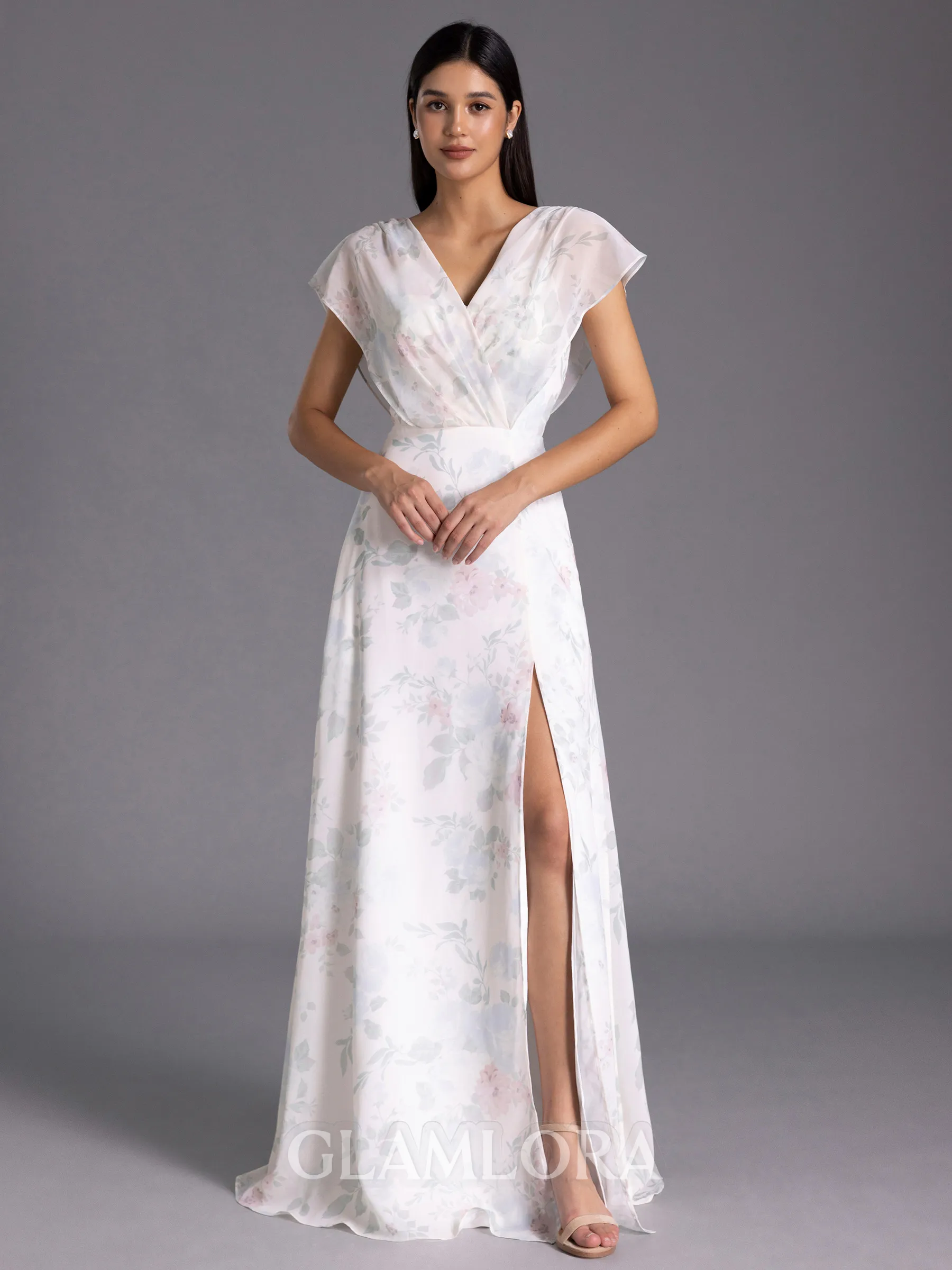 Flattering A-line V-Neck Short Sleeves Floor-Length Bridesmaid Dress