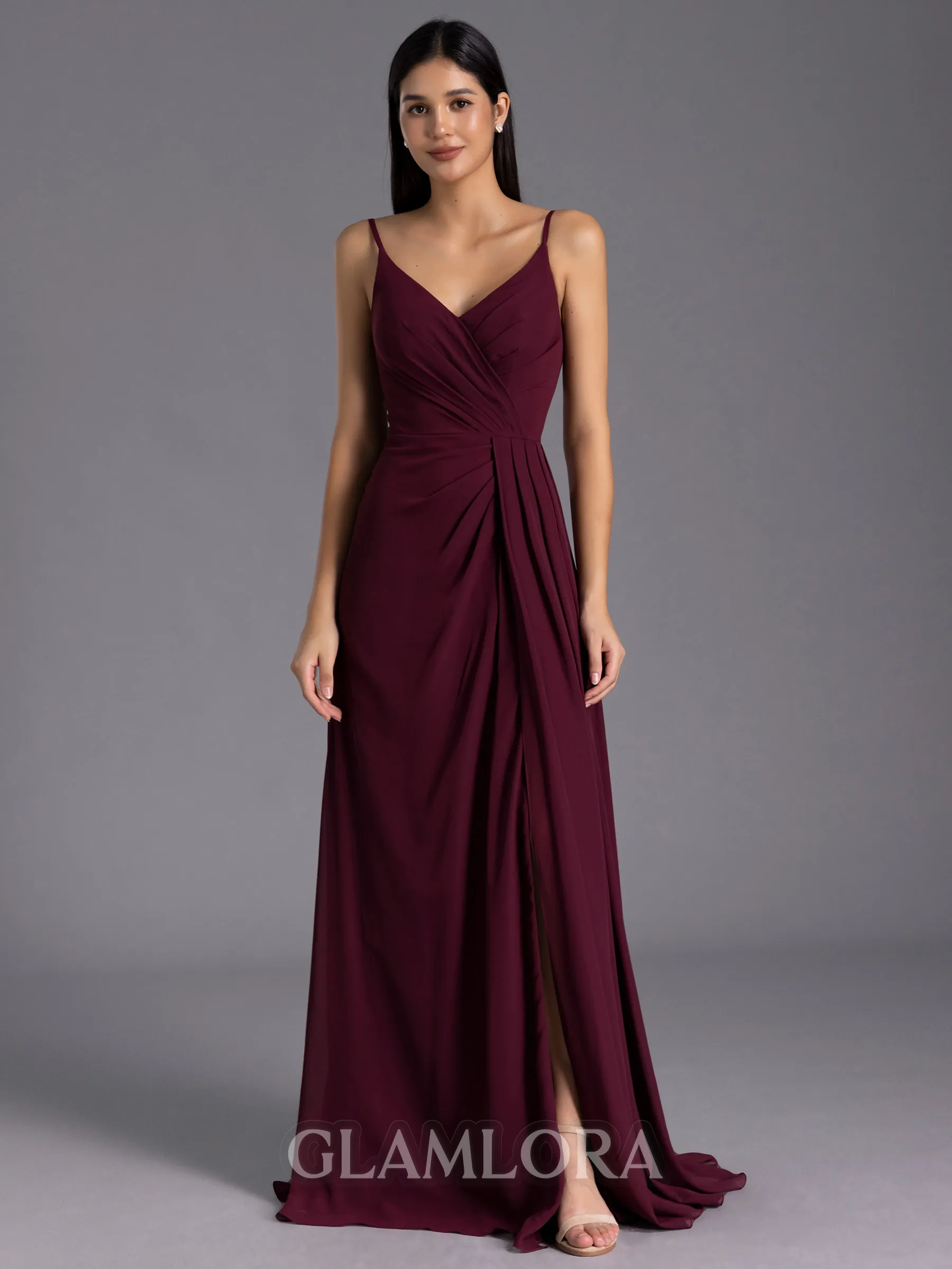 Resplendent A-line V-Neck Pleated Floor-Length Chiffon Bridesmaid Dress