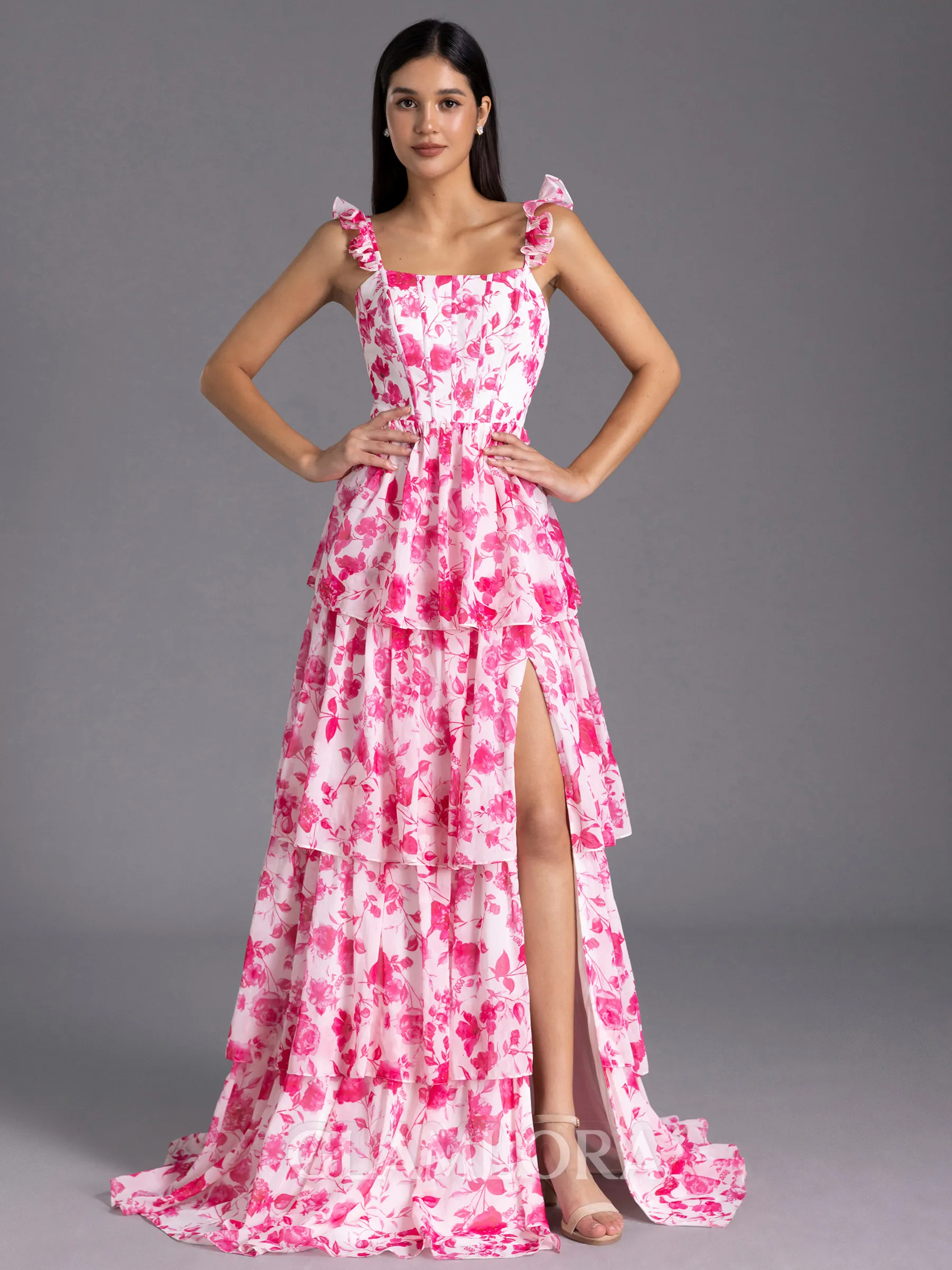 Modest A-line Straps Cascading Ruffles Floor-Length Corset Bridesmaid Dress