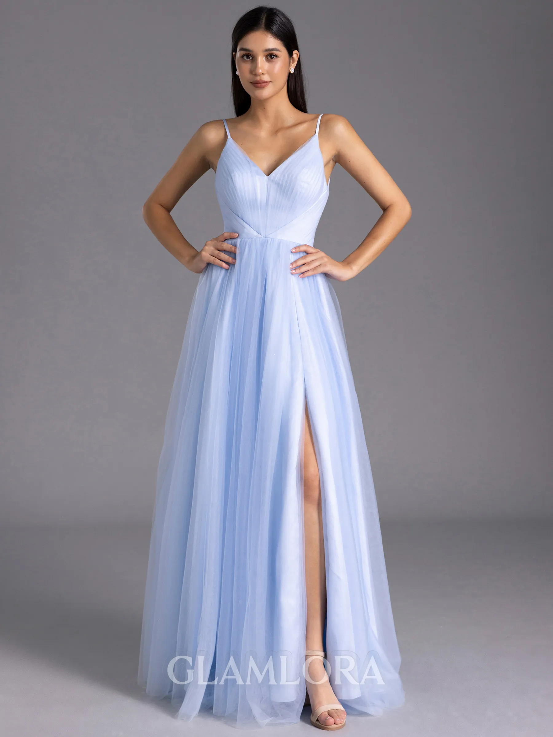 Polished A-line V-Neck Pleated Floor-Length Tulle Bridesmaid Dress