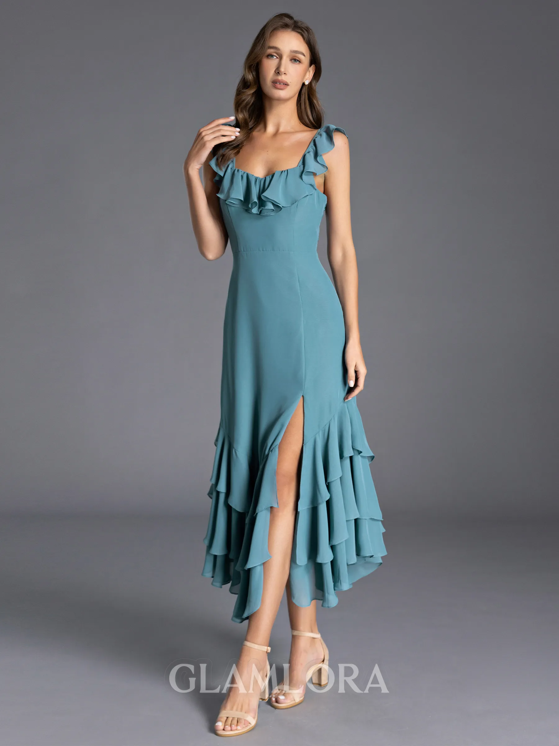 Glam A-line Square Ruffles Ankle-Length Chiffon Bridesmaid Dress